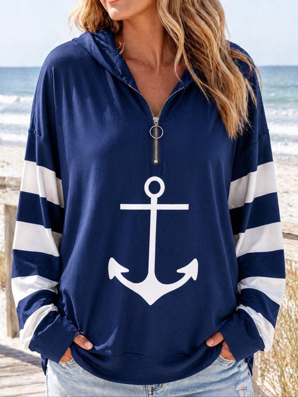 Nautical Anchor Hoodie Navy Blue Oversized Pullover Striped Coastal Preppy
